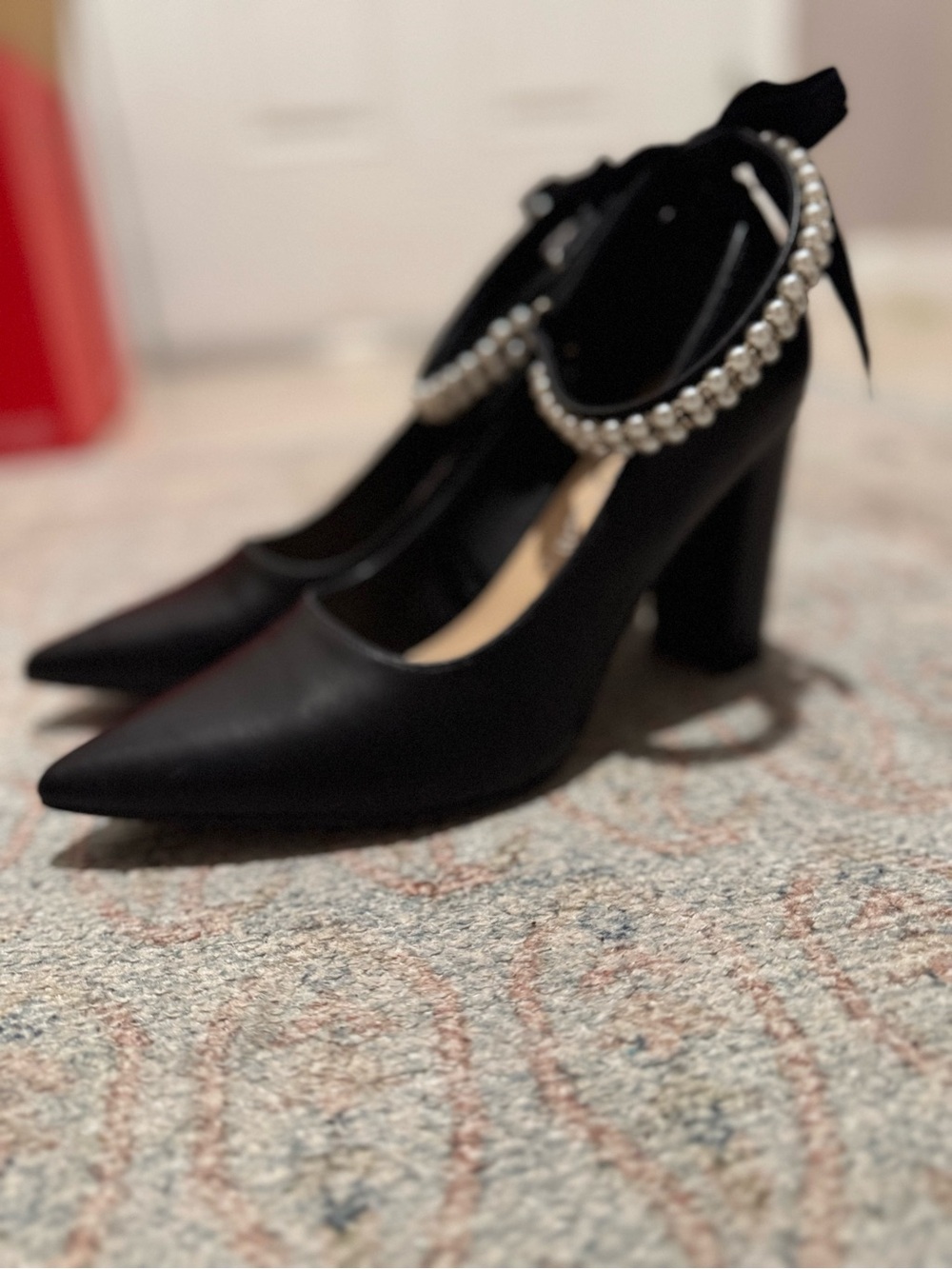 Sugar Black Pointed Pearl-Ankle Block Heels